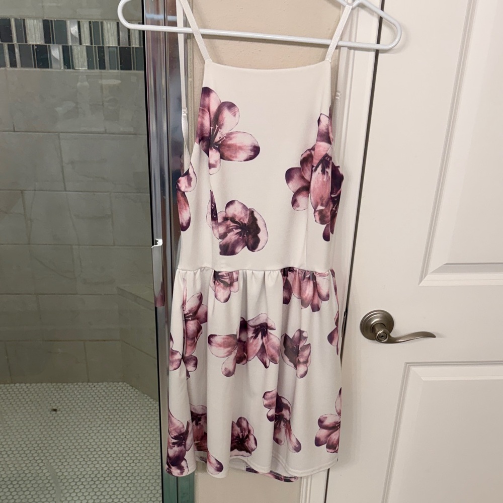 Fancyinn White Backless Sundress with Purple Floral Print